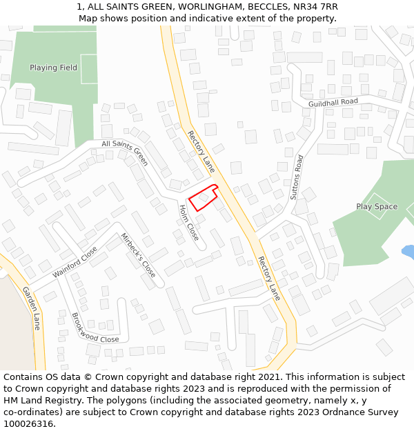 1, ALL SAINTS GREEN, WORLINGHAM, BECCLES, NR34 7RR: Location map and indicative extent of plot