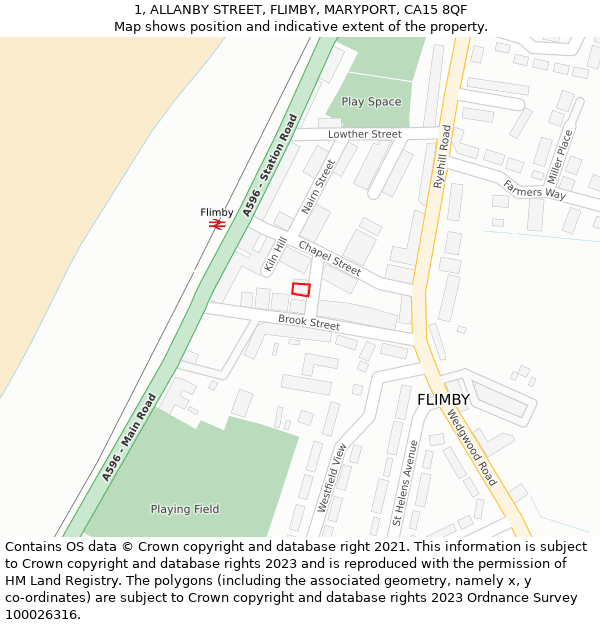1, ALLANBY STREET, FLIMBY, MARYPORT, CA15 8QF: Location map and indicative extent of plot