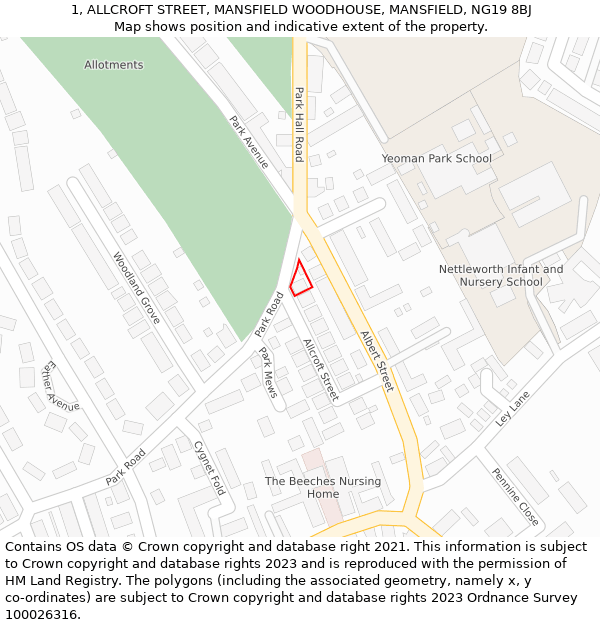 1, ALLCROFT STREET, MANSFIELD WOODHOUSE, MANSFIELD, NG19 8BJ: Location map and indicative extent of plot