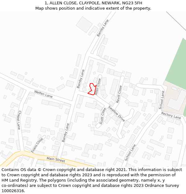 1, ALLEN CLOSE, CLAYPOLE, NEWARK, NG23 5FH: Location map and indicative extent of plot