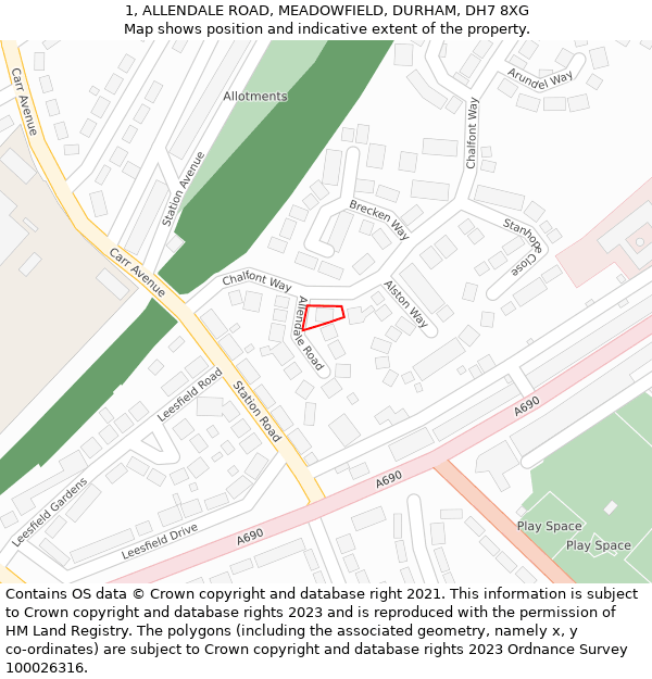 1, ALLENDALE ROAD, MEADOWFIELD, DURHAM, DH7 8XG: Location map and indicative extent of plot
