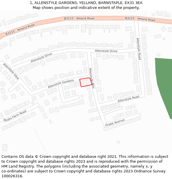 1, ALLENSTYLE GARDENS, YELLAND, BARNSTAPLE, EX31 3EA: Location map and indicative extent of plot