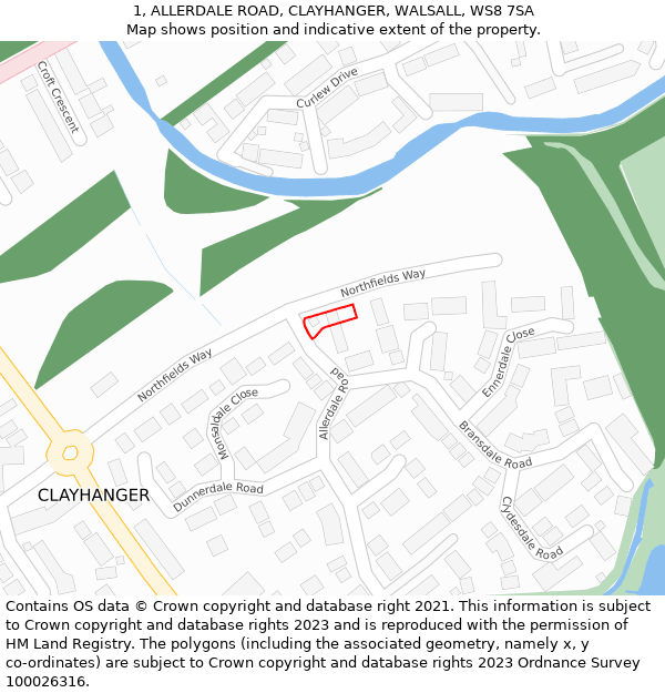 1, ALLERDALE ROAD, CLAYHANGER, WALSALL, WS8 7SA: Location map and indicative extent of plot