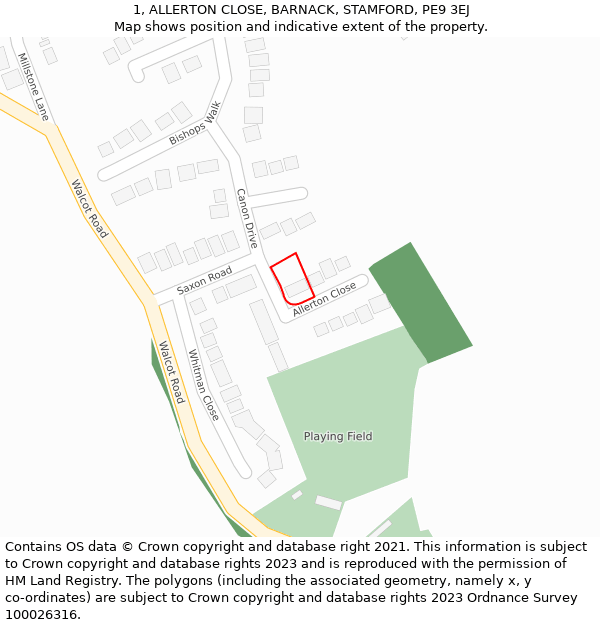 1, ALLERTON CLOSE, BARNACK, STAMFORD, PE9 3EJ: Location map and indicative extent of plot