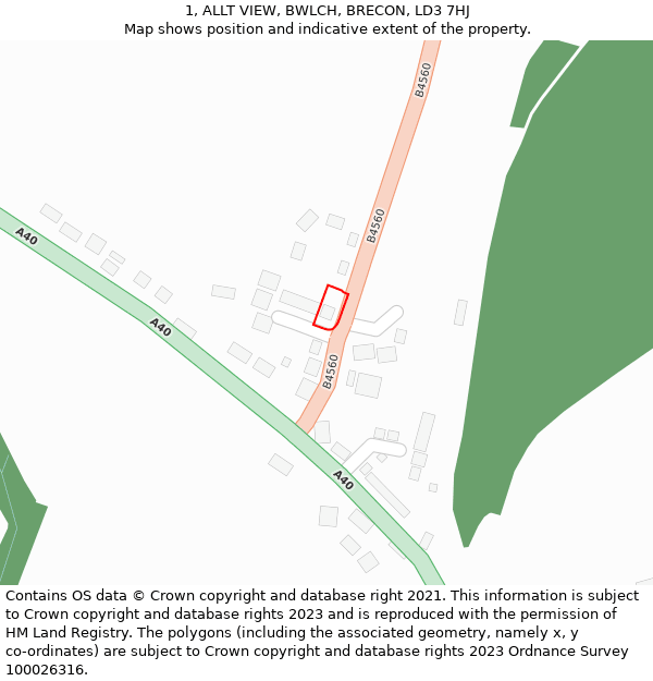 1, ALLT VIEW, BWLCH, BRECON, LD3 7HJ: Location map and indicative extent of plot