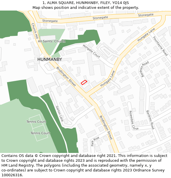 1, ALMA SQUARE, HUNMANBY, FILEY, YO14 0JS: Location map and indicative extent of plot