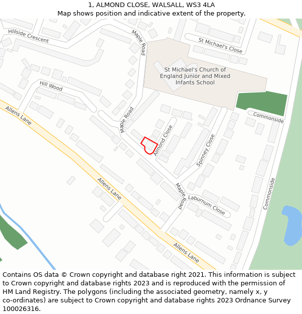 1, ALMOND CLOSE, WALSALL, WS3 4LA: Location map and indicative extent of plot