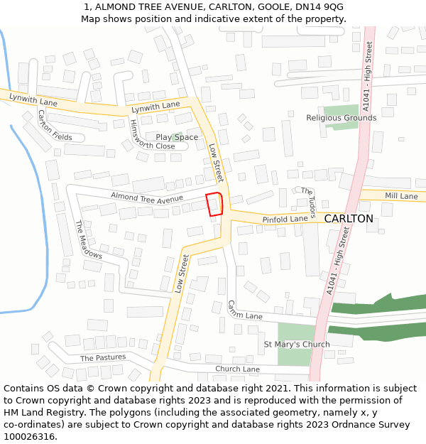 1, ALMOND TREE AVENUE, CARLTON, GOOLE, DN14 9QG: Location map and indicative extent of plot