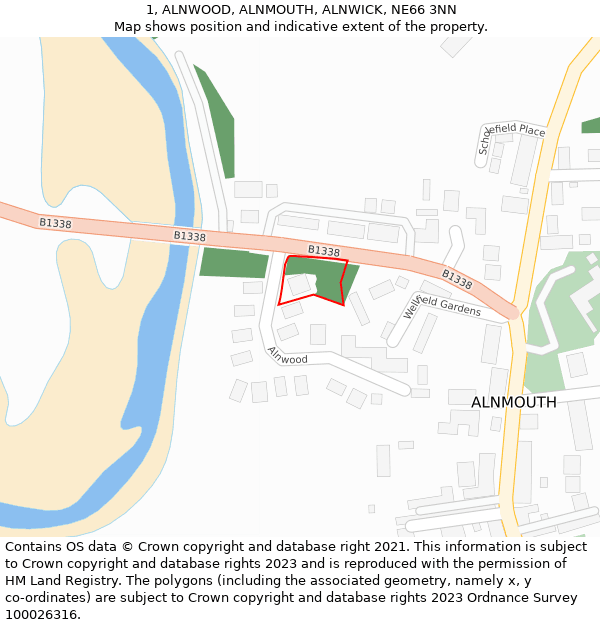 1, ALNWOOD, ALNMOUTH, ALNWICK, NE66 3NN: Location map and indicative extent of plot