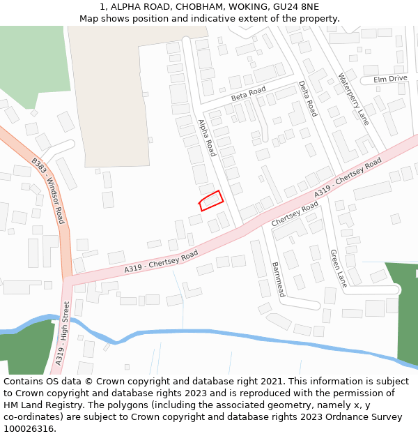 1, ALPHA ROAD, CHOBHAM, WOKING, GU24 8NE: Location map and indicative extent of plot