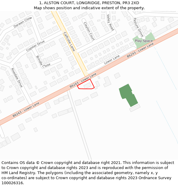 1, ALSTON COURT, LONGRIDGE, PRESTON, PR3 2XD: Location map and indicative extent of plot