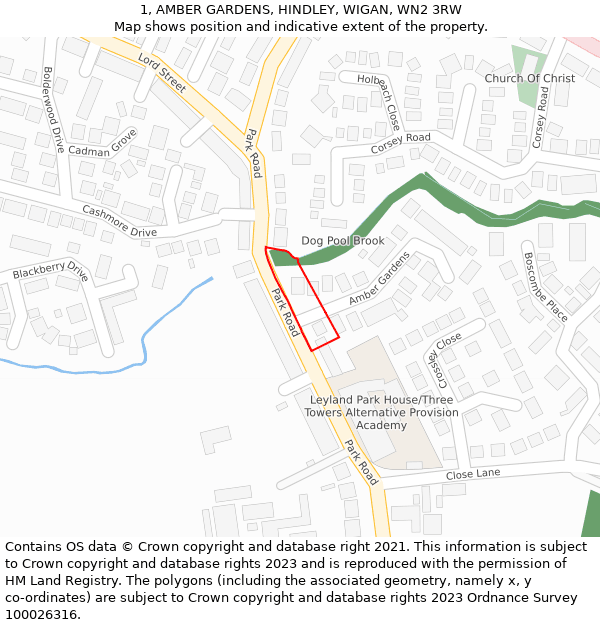 1, AMBER GARDENS, HINDLEY, WIGAN, WN2 3RW: Location map and indicative extent of plot