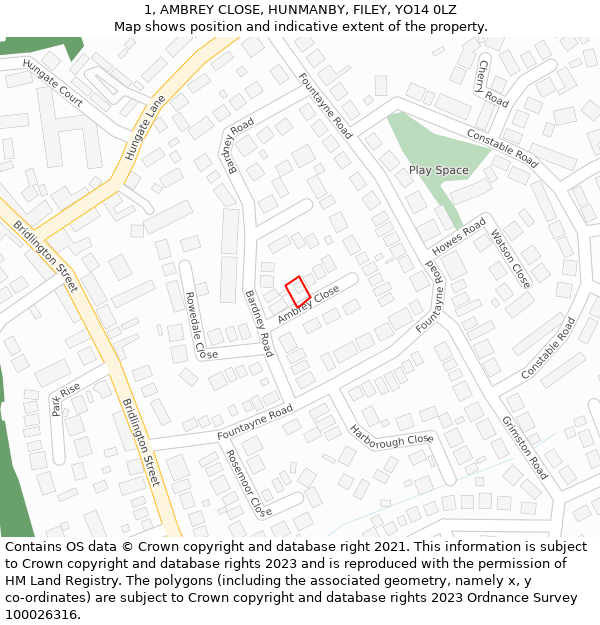 1, AMBREY CLOSE, HUNMANBY, FILEY, YO14 0LZ: Location map and indicative extent of plot