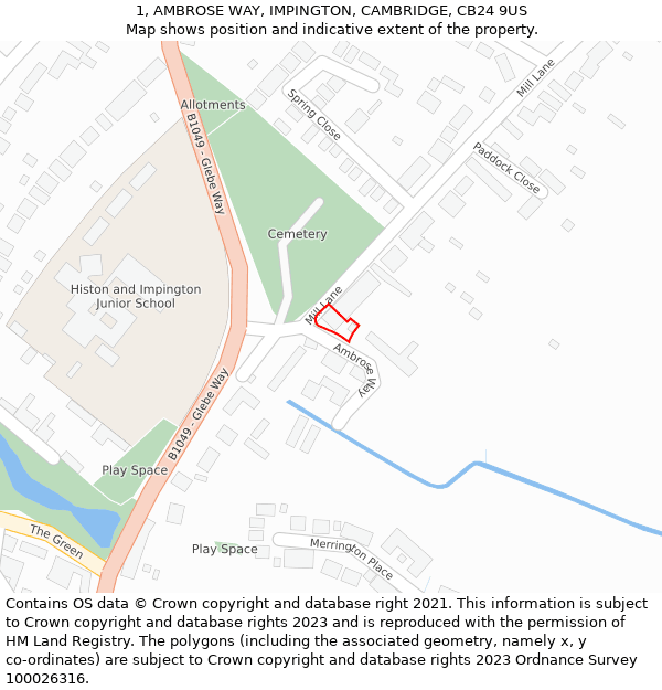 1, AMBROSE WAY, IMPINGTON, CAMBRIDGE, CB24 9US: Location map and indicative extent of plot