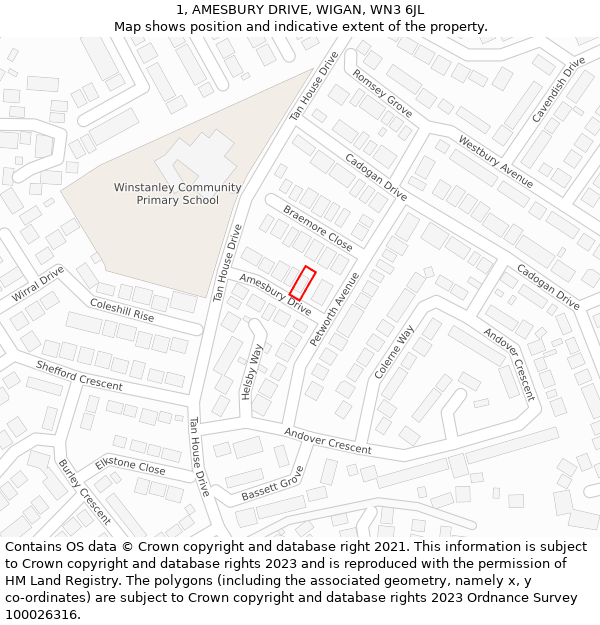 1, AMESBURY DRIVE, WIGAN, WN3 6JL: Location map and indicative extent of plot