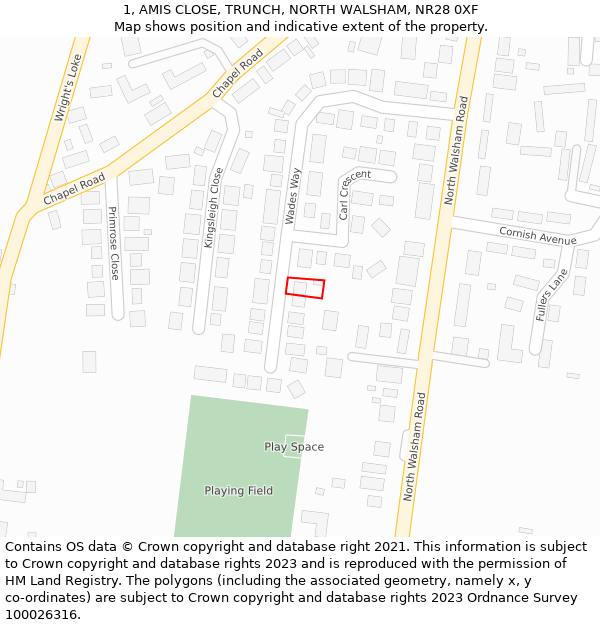 1, AMIS CLOSE, TRUNCH, NORTH WALSHAM, NR28 0XF: Location map and indicative extent of plot