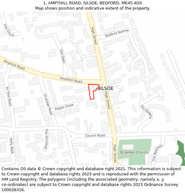 1, AMPTHILL ROAD, SILSOE, BEDFORD, MK45 4DX: Location map and indicative extent of plot