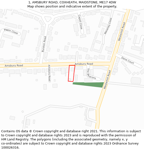 1, AMSBURY ROAD, COXHEATH, MAIDSTONE, ME17 4DW: Location map and indicative extent of plot