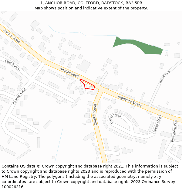 1, ANCHOR ROAD, COLEFORD, RADSTOCK, BA3 5PB: Location map and indicative extent of plot