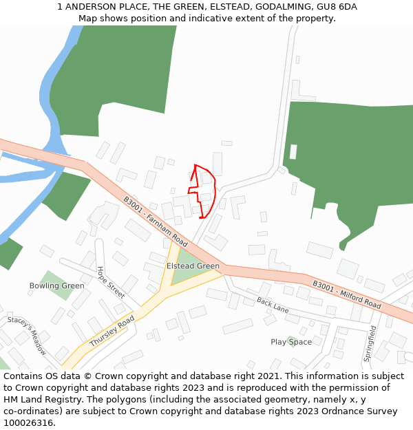 1 ANDERSON PLACE, THE GREEN, ELSTEAD, GODALMING, GU8 6DA: Location map and indicative extent of plot