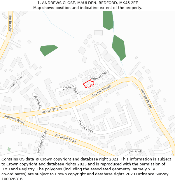 1, ANDREWS CLOSE, MAULDEN, BEDFORD, MK45 2EE: Location map and indicative extent of plot