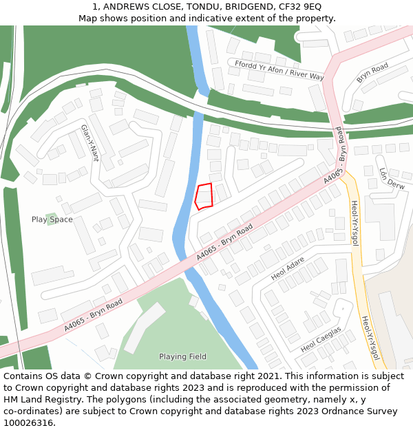 1, ANDREWS CLOSE, TONDU, BRIDGEND, CF32 9EQ: Location map and indicative extent of plot