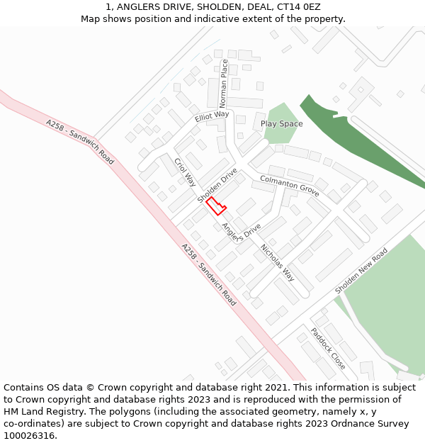 1, ANGLERS DRIVE, SHOLDEN, DEAL, CT14 0EZ: Location map and indicative extent of plot