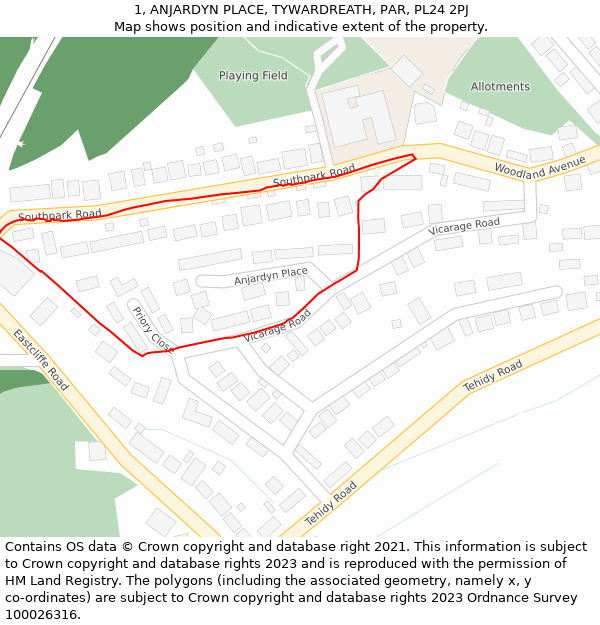 1, ANJARDYN PLACE, TYWARDREATH, PAR, PL24 2PJ: Location map and indicative extent of plot