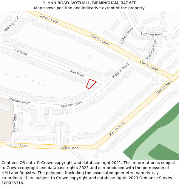 1, ANN ROAD, WYTHALL, BIRMINGHAM, B47 6EP: Location map and indicative extent of plot