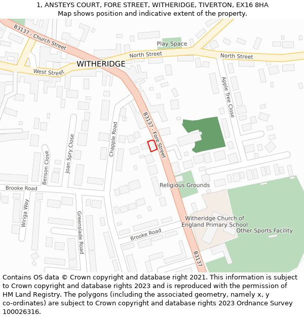 1, ANSTEYS COURT, FORE STREET, WITHERIDGE, TIVERTON, EX16 8HA: Location map and indicative extent of plot