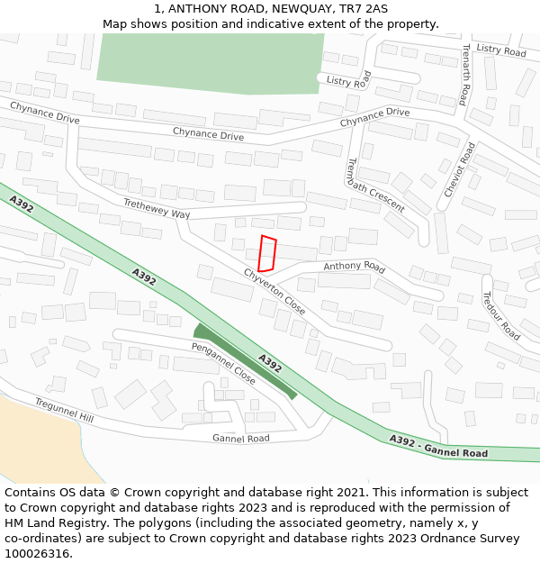1, ANTHONY ROAD, NEWQUAY, TR7 2AS: Location map and indicative extent of plot