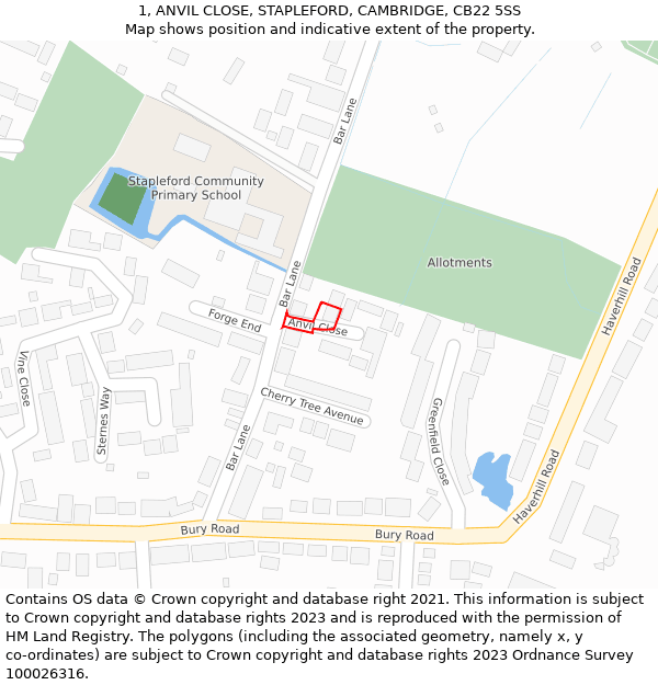 1, ANVIL CLOSE, STAPLEFORD, CAMBRIDGE, CB22 5SS: Location map and indicative extent of plot