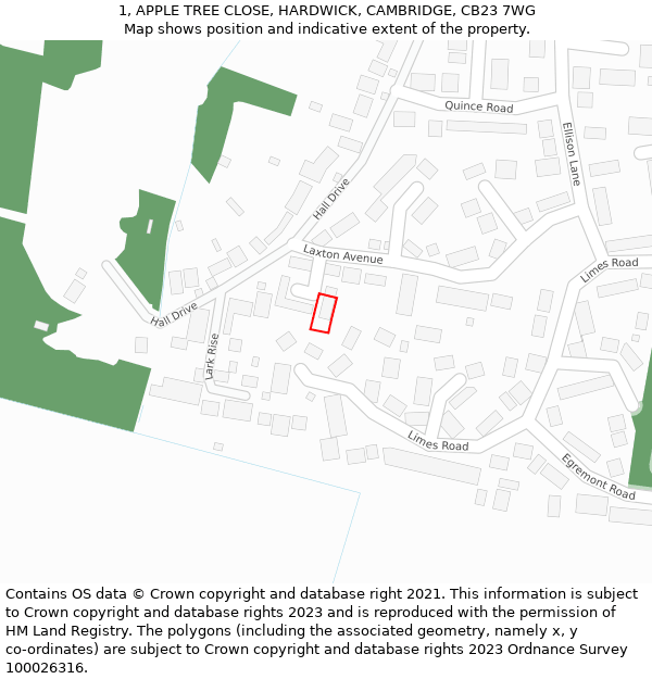 1, APPLE TREE CLOSE, HARDWICK, CAMBRIDGE, CB23 7WG: Location map and indicative extent of plot