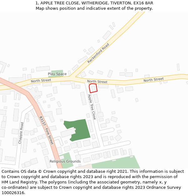 1, APPLE TREE CLOSE, WITHERIDGE, TIVERTON, EX16 8AR: Location map and indicative extent of plot