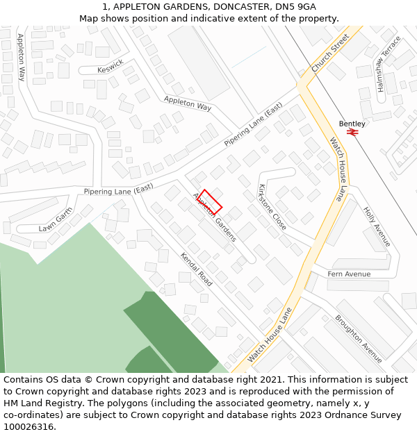 1, APPLETON GARDENS, DONCASTER, DN5 9GA: Location map and indicative extent of plot