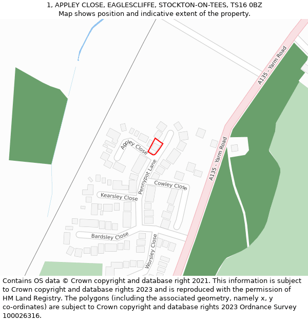 1, APPLEY CLOSE, EAGLESCLIFFE, STOCKTON-ON-TEES, TS16 0BZ: Location map and indicative extent of plot