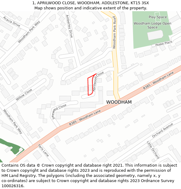 1, APRILWOOD CLOSE, WOODHAM, ADDLESTONE, KT15 3SX: Location map and indicative extent of plot