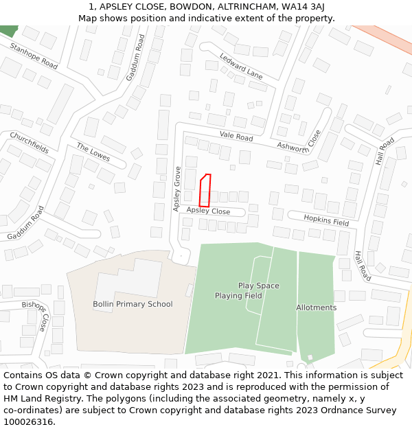 1, APSLEY CLOSE, BOWDON, ALTRINCHAM, WA14 3AJ: Location map and indicative extent of plot