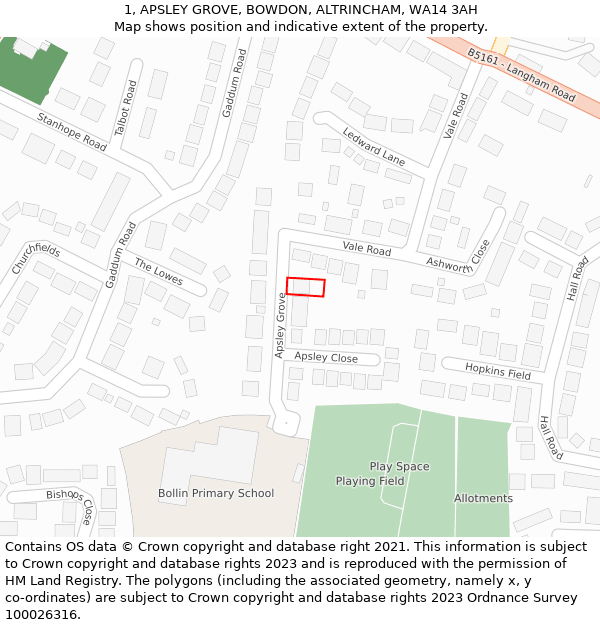 1, APSLEY GROVE, BOWDON, ALTRINCHAM, WA14 3AH: Location map and indicative extent of plot