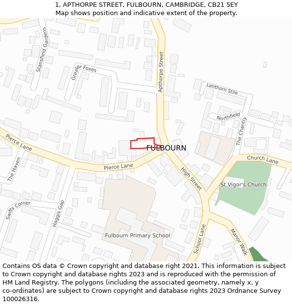 1, APTHORPE STREET, FULBOURN, CAMBRIDGE, CB21 5EY: Location map and indicative extent of plot