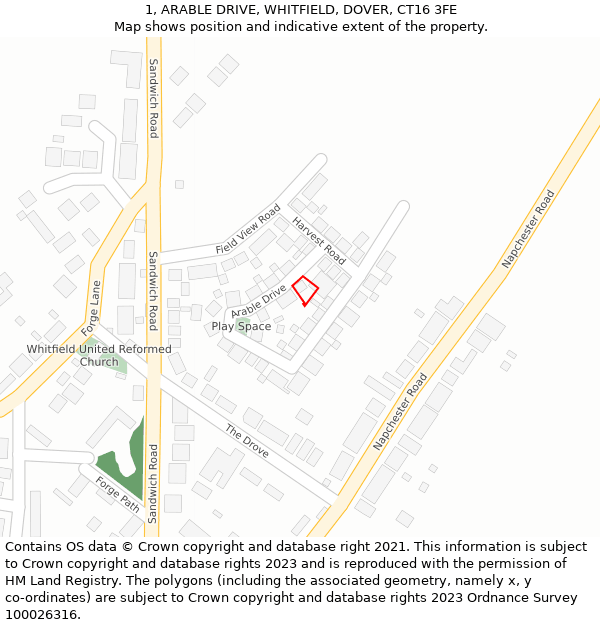 1, ARABLE DRIVE, WHITFIELD, DOVER, CT16 3FE: Location map and indicative extent of plot