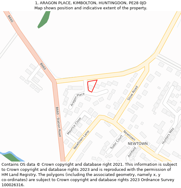 1, ARAGON PLACE, KIMBOLTON, HUNTINGDON, PE28 0JD: Location map and indicative extent of plot