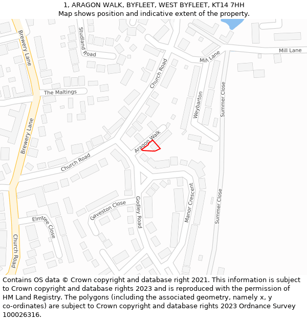 1, ARAGON WALK, BYFLEET, WEST BYFLEET, KT14 7HH: Location map and indicative extent of plot