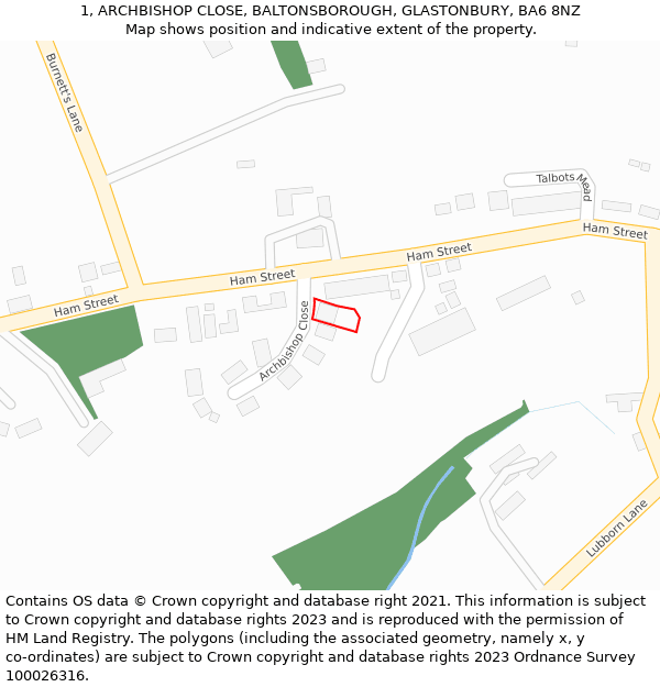 1, ARCHBISHOP CLOSE, BALTONSBOROUGH, GLASTONBURY, BA6 8NZ: Location map and indicative extent of plot