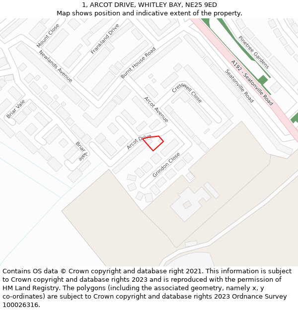 1, ARCOT DRIVE, WHITLEY BAY, NE25 9ED: Location map and indicative extent of plot