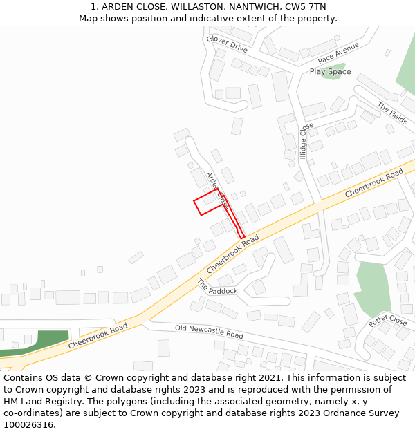 1, ARDEN CLOSE, WILLASTON, NANTWICH, CW5 7TN: Location map and indicative extent of plot