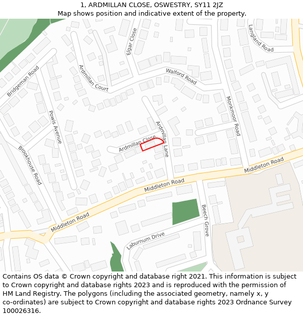 1, ARDMILLAN CLOSE, OSWESTRY, SY11 2JZ: Location map and indicative extent of plot