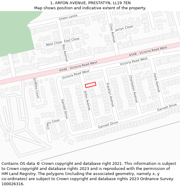 1, ARFON AVENUE, PRESTATYN, LL19 7EN: Location map and indicative extent of plot