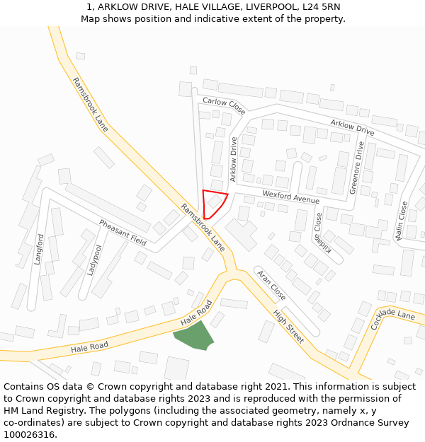 1, ARKLOW DRIVE, HALE VILLAGE, LIVERPOOL, L24 5RN: Location map and indicative extent of plot