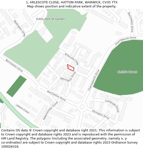 1, ARLESCOTE CLOSE, HATTON PARK, WARWICK, CV35 7TX: Location map and indicative extent of plot